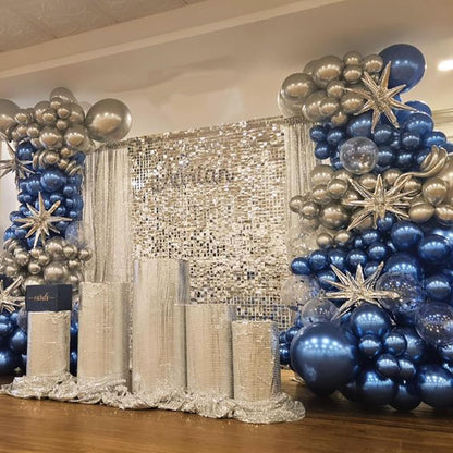 Blue Silver Balloons Set, 12 Inch Blue and Silver Balloons Dark Navy and Confetti Party Latex Balloon, Macaron Metallic Baby Blue Mixed Balloon for Birthday Graduation Baby Shower Wedding Retirement