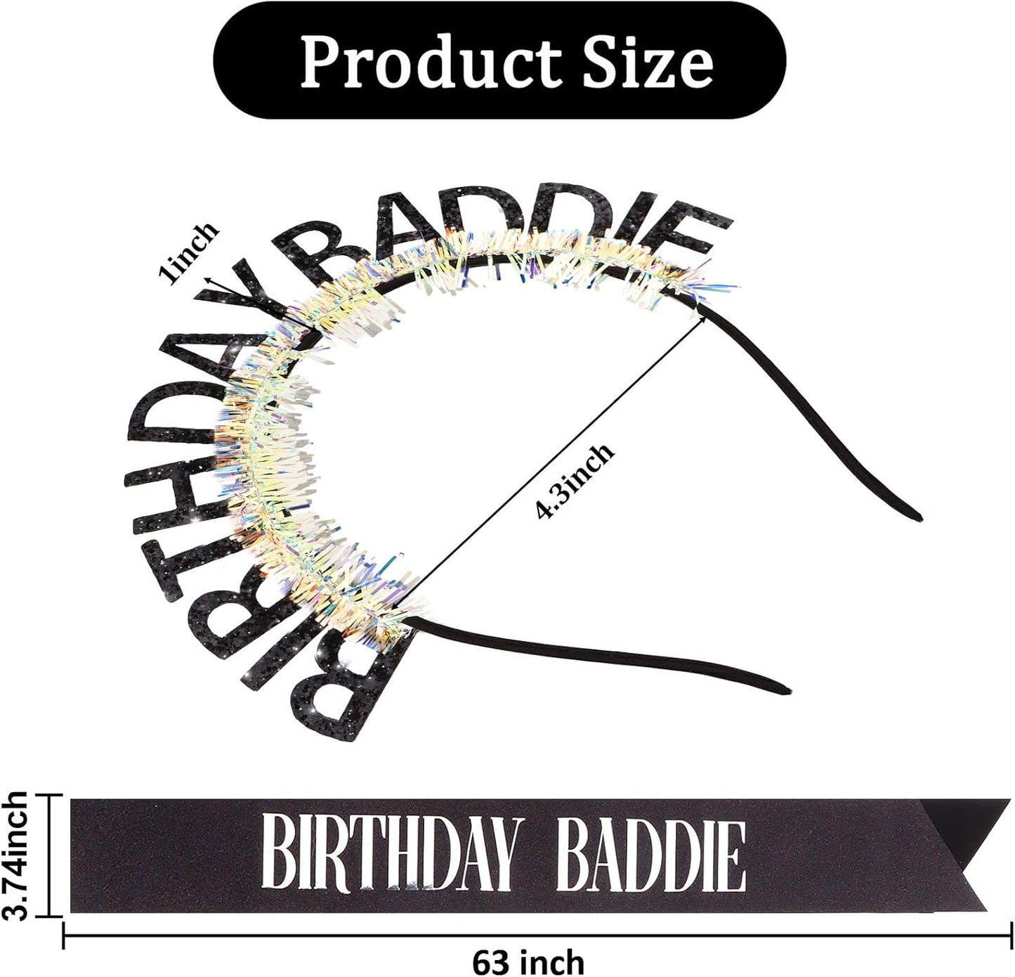 Birthday Baddie Glitter Headband and Sash Set, Black with Iridescent Tinsel, Birthday Party Accessories