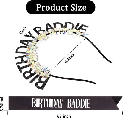 Birthday Baddie Glitter Headband and Sash Set, Black with Iridescent Tinsel, Birthday Party Accessories