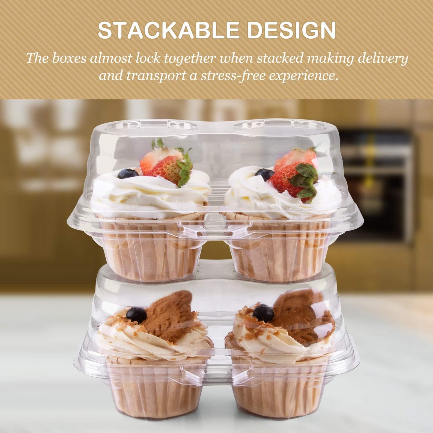 2 Cavity Cupcake Boxes-Stackable Regular Cupcake Carrier Holder, Thicker Clear Cupcake Boxes, Non-slip High Topping Cupcake Containers for Cupcakes, Muffins (50)