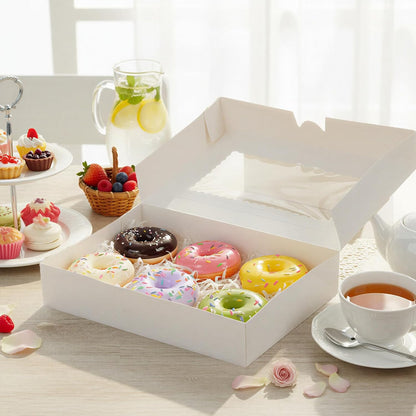 Moretoes 48pcs Bakery Boxes,12x8x2.5 Inches Cookie Boxes with 3 Style Window for Chocolate Covered Strawberries, Desserts, Cookies, with 4pcs Stickers