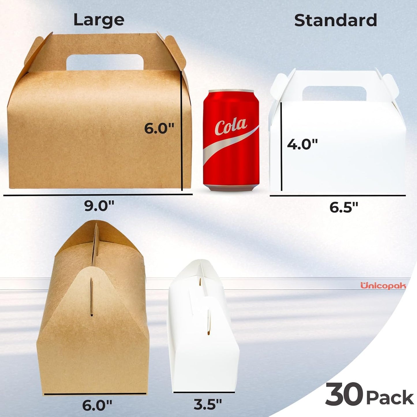 UnicoPak 30 Pack 9x6x6 Gable Boxes, Large White Treat Boxes with Handles, Cardboard Gift Boxes for Party Favors, Lunch, Bakery, Cookies, Picnic, To-Go Food, DIY Gift Packaging