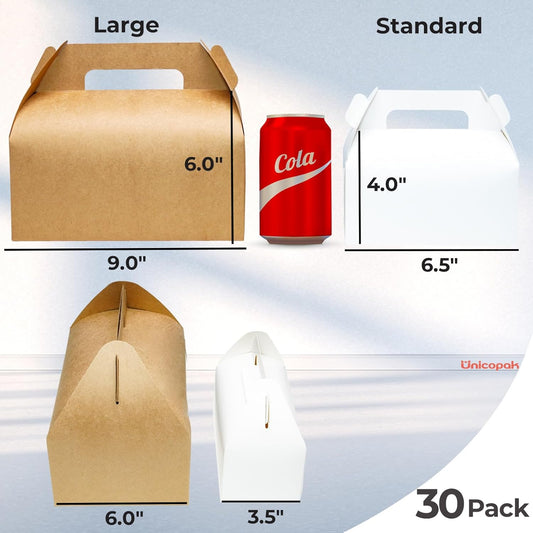 UnicoPak 30 Pack 9x6x6 Gable Boxes, Large White Treat Boxes with Handles, Cardboard Gift Boxes for Party Favors, Lunch, Bakery, Cookies, Picnic, To-Go Food, DIY Gift Packaging