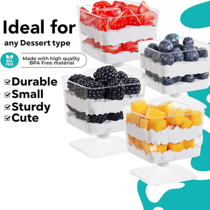 Exquisite Mini Dessert Cups With Spoons 200 Pcs - 2 Oz Square Clear Plastic Pudding Cups Disposable With Tasting Spoons 100 Sets | Mini Parfait Cup | Appetizer Cup For Party & Events
