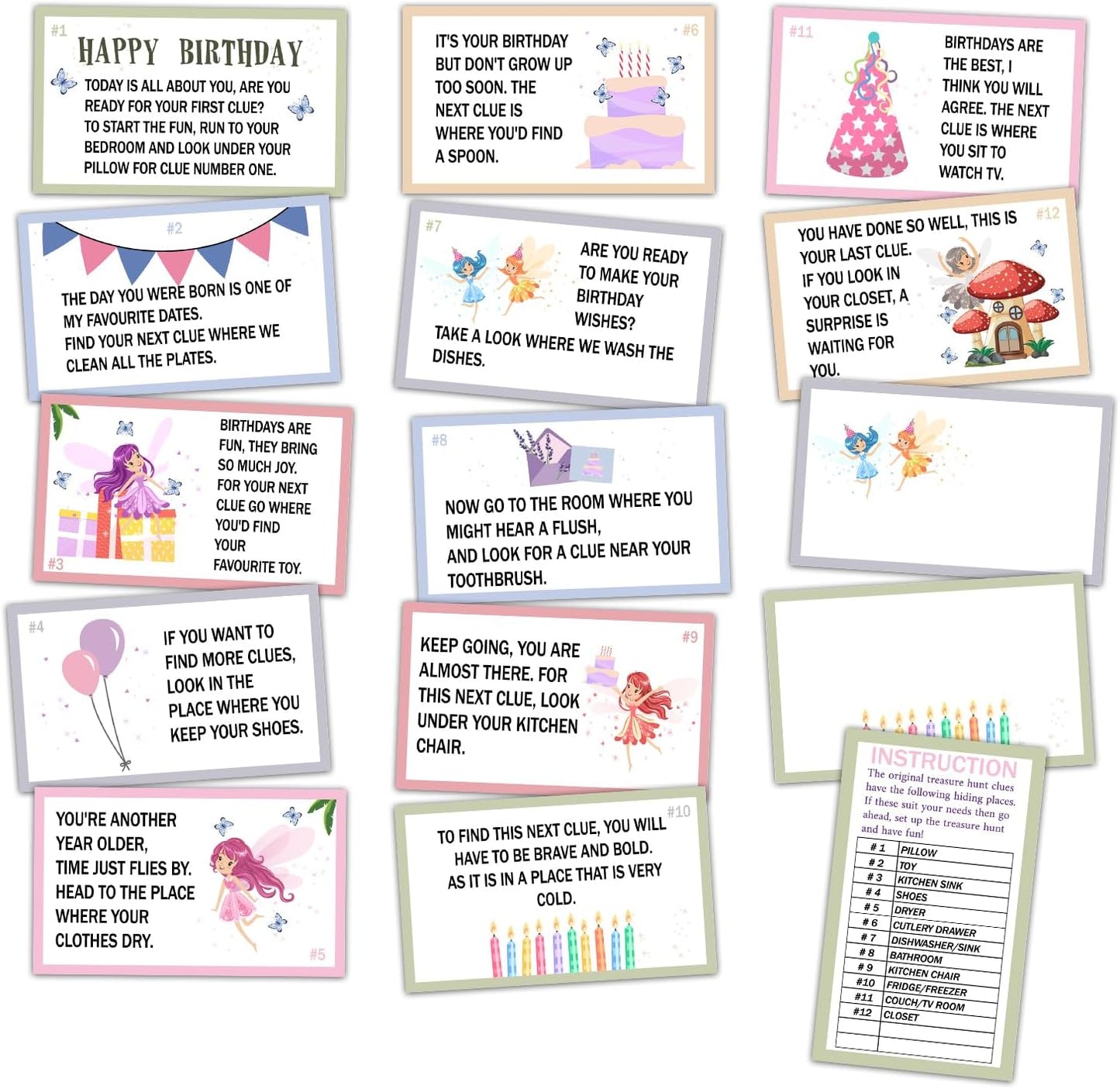 Birthday Treasure Hunt Clue Cards, Cake Scavenger Hunt Game, Set of 19 Cards and 18 Envelopes, Indoor Ourdoor Birthday Party Activities Celebration Game, Birthday Party Decorations - SR7