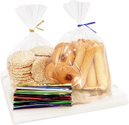 XLSFPY 100PCS Clear Cellophane Bags, 5x7 Small Treat Bags with Ties, Cake Pop Bags, Candy Bags, Goodie Bags, Rice Crispy Treat Bags, Clear Bags for Favors Birthday Party (5'' x 7'')