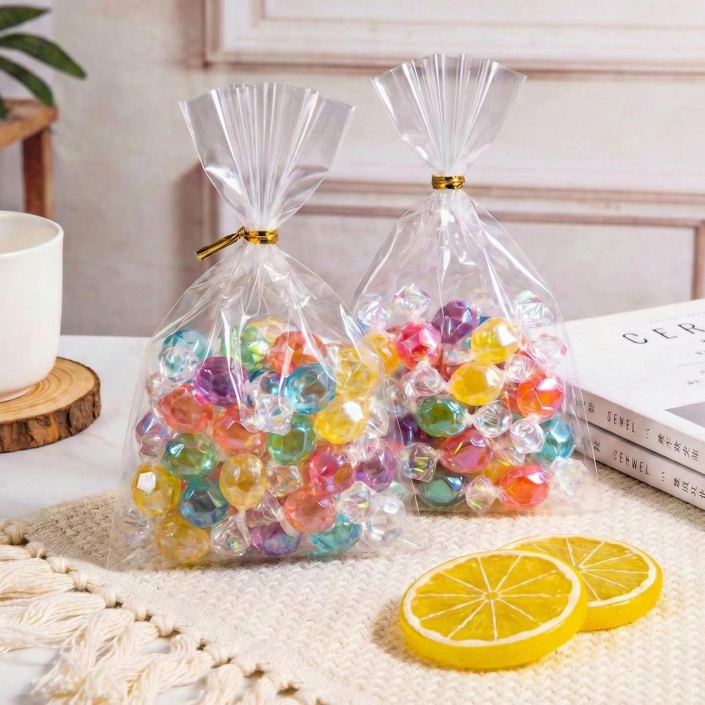 Cellophane Treat Bags, 5x7 Inch Iridescent Cellophane Bags with Thank You Stickers and Twist Ties, Celebrations Baby Showers Weddings Birthday Party Gift Wrapping(Pack of 100)