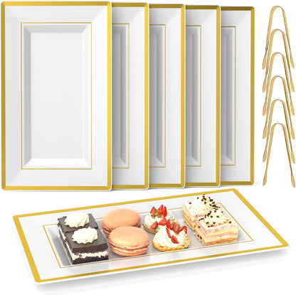 6 Sets Plastic Serving Trays with Serving Tongs, White & Gold Rim Disposable Plastic Serving Platters for Food Fruit Dessert Tea Party Wedding