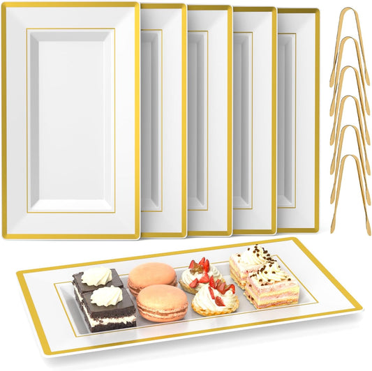6 Sets Plastic Serving Trays with Serving Tongs, White & Gold Rim Disposable Plastic Serving Platters for Food Fruit Dessert Tea Party Wedding