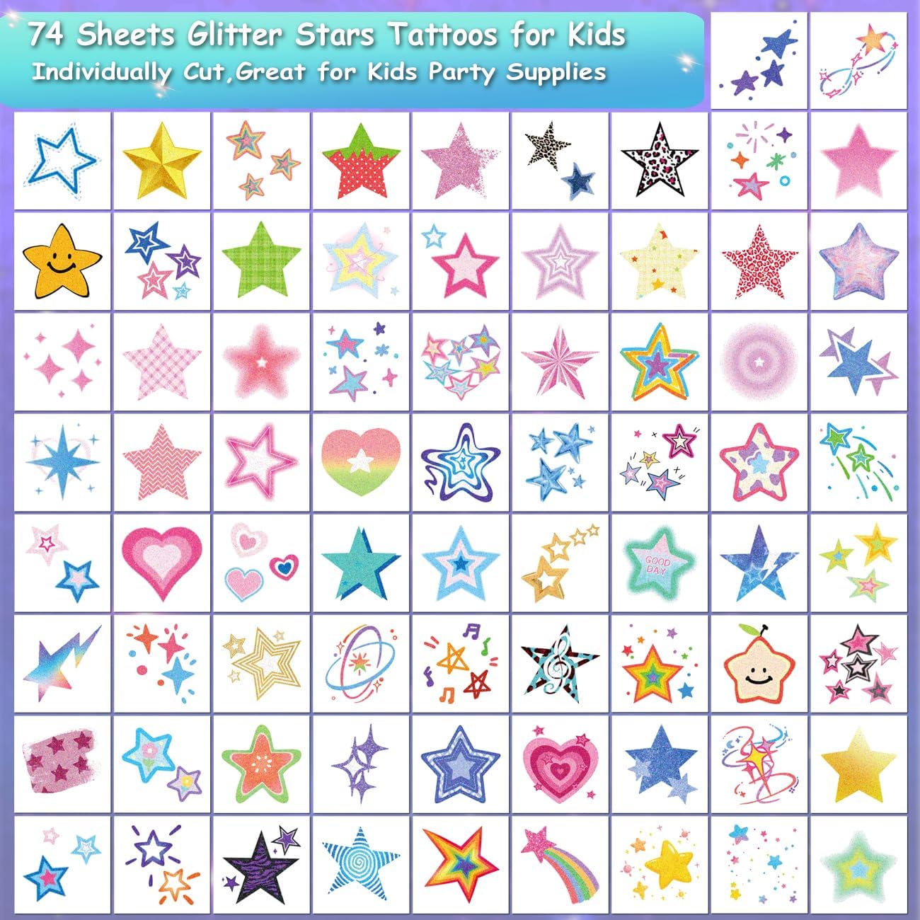 CHARLENT Glitter Stars Temporary Tattoos for Kids - 74 Individually Sheets | Waterproof & Easy Peel | Perfect for Kids Birthday Party Favors, School Rewards
