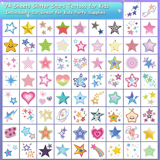 CHARLENT Glitter Stars Temporary Tattoos for Kids - 74 Individually Sheets | Waterproof & Easy Peel | Perfect for Kids Birthday Party Favors, School Rewards
