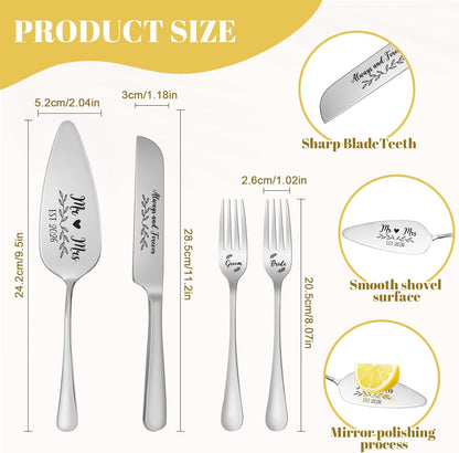 Wedding Cake Knife and Server Set, 4 Pack Stainless Steel Cake Cutting Knife, Slicer and Forks Server for Wedding, Anniversary, Birthday(Silvery)