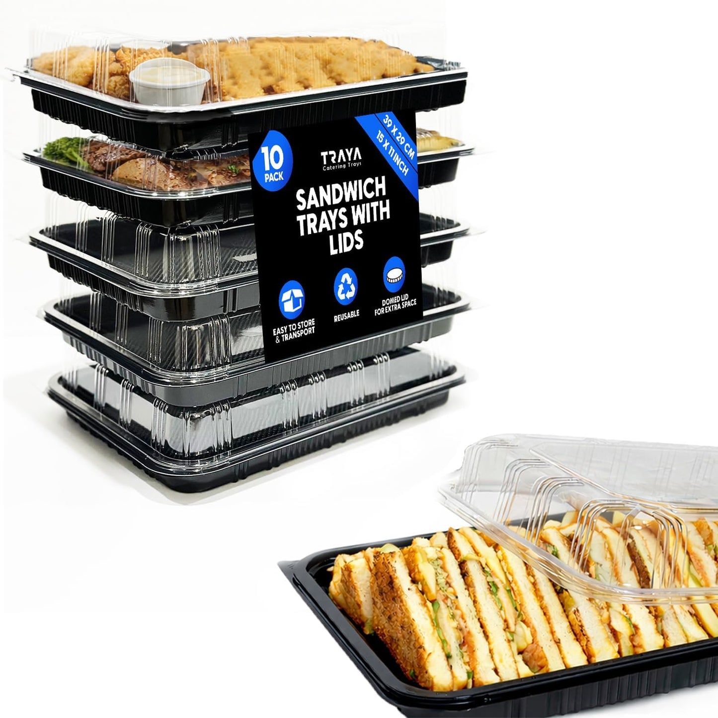 TRAYA Pack of 6 Serving Tray with lid - Reusable Catering Trays with Lids 13'' Long for Meal Prep, Cakes, Treats and Sandwiches (13.39 × 9.84 × 2.95 inch)