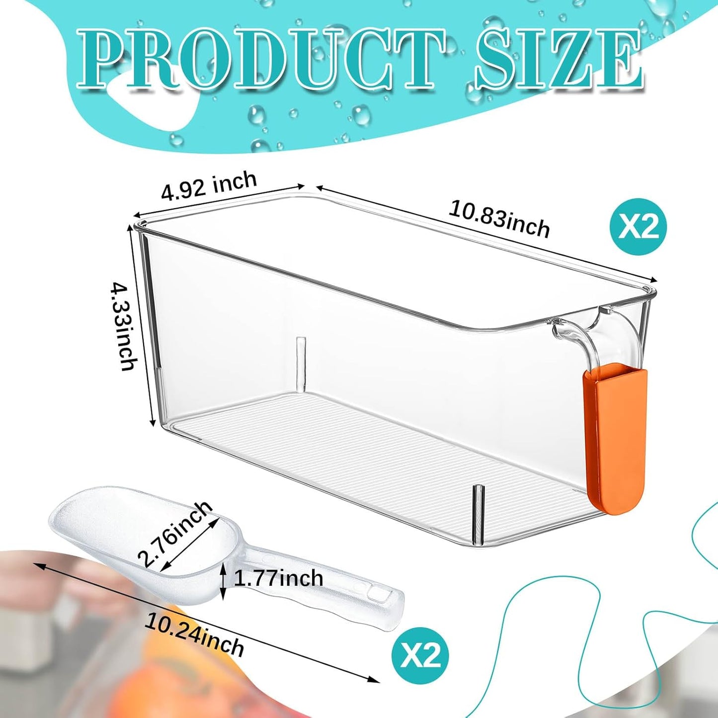 Havawish Ice Storage Bin and Flexible Scoop Set Plastic Freezer Bin with Pull Out Handle Storage Bucket Clear for Container with Scoop(Grey,10.83 x 4.92 x 4.33 in,Classic)