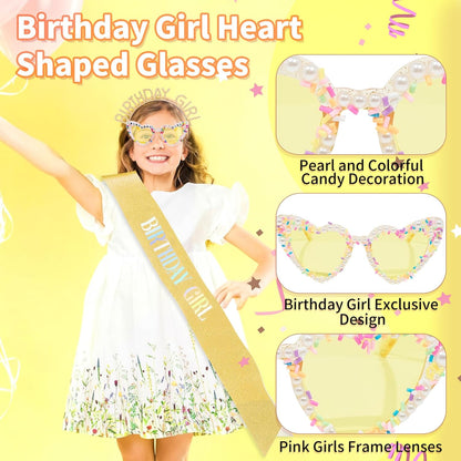 3Pcs Birthday Girl Sash Headband Set-Birthday Sash Tiara and Crown Sunglasses for Girls Women