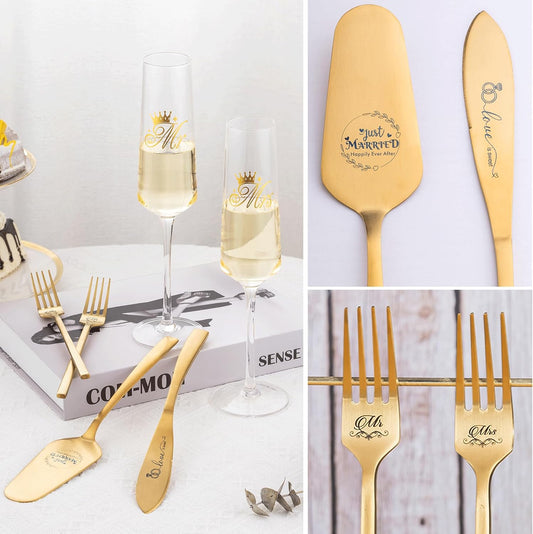 Wedding Cake Knife and Server Set, Bride Groom Mr and Mrs Champagne Flutes Glasses, Cake Cutting Set for Wedding with Forks, Bridal Shower Gifts Wedding Anniversary Engagement Gifts