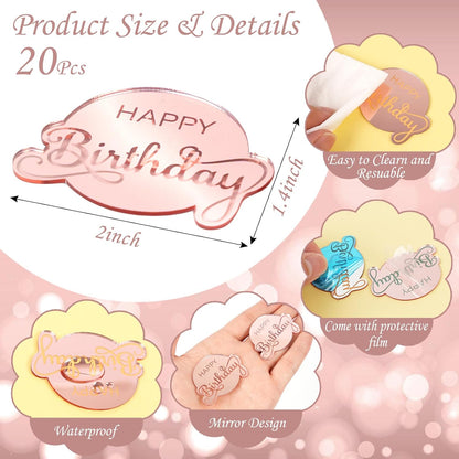 20pcs Gold Mirror Acrylic Happy Birthday Cupcake Toppers Round Engraved Cake Picks Happy Birthday Cake Toppers for DIY Birthday Gift Flower Bouquet Pastries Desserts Decor