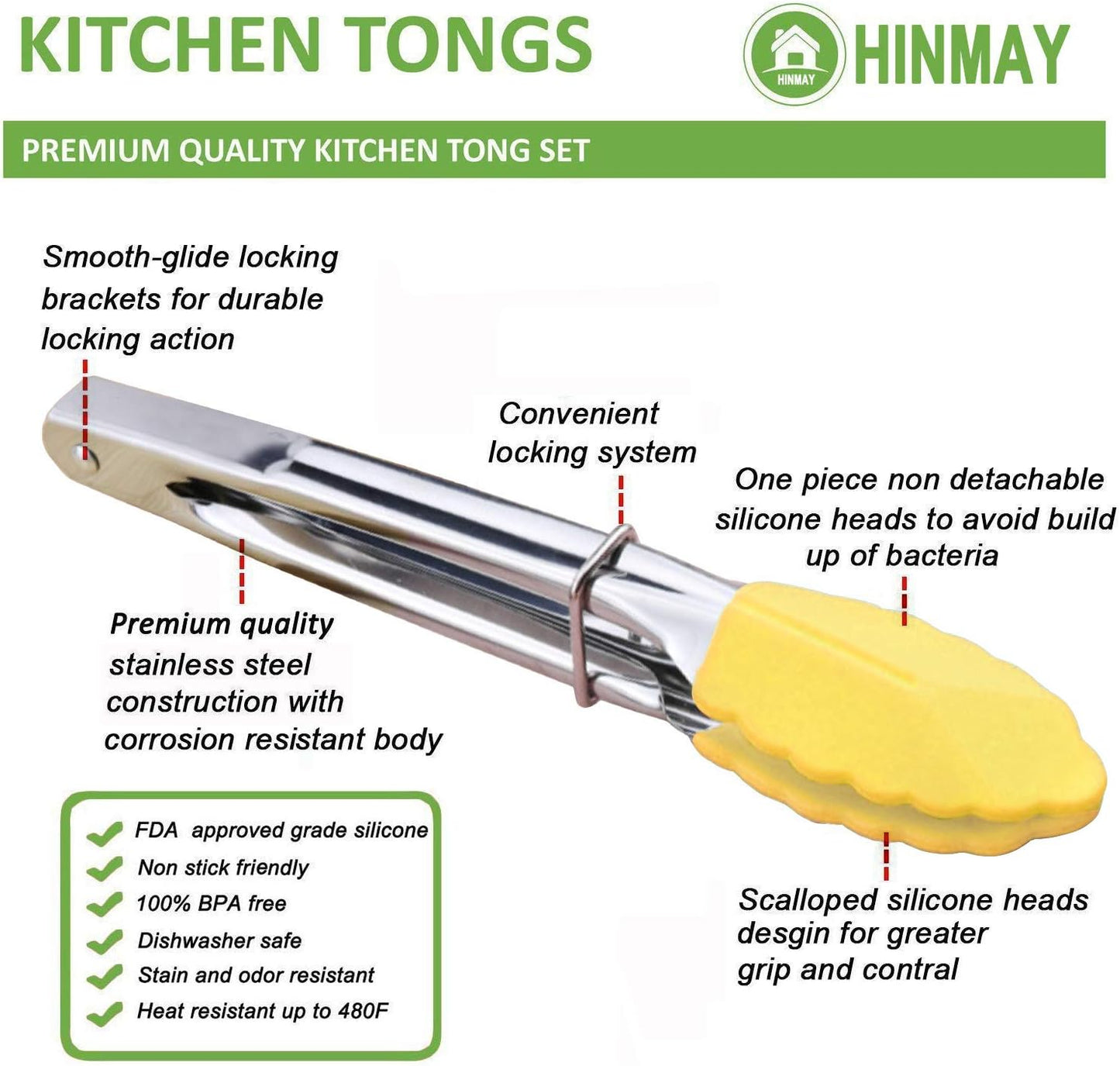 HINMAY Small Tongs with Silicone Tips 7-Inch Mini Serving Tongs, Set of 6 (Green Red Blue Purple Pink Orange)