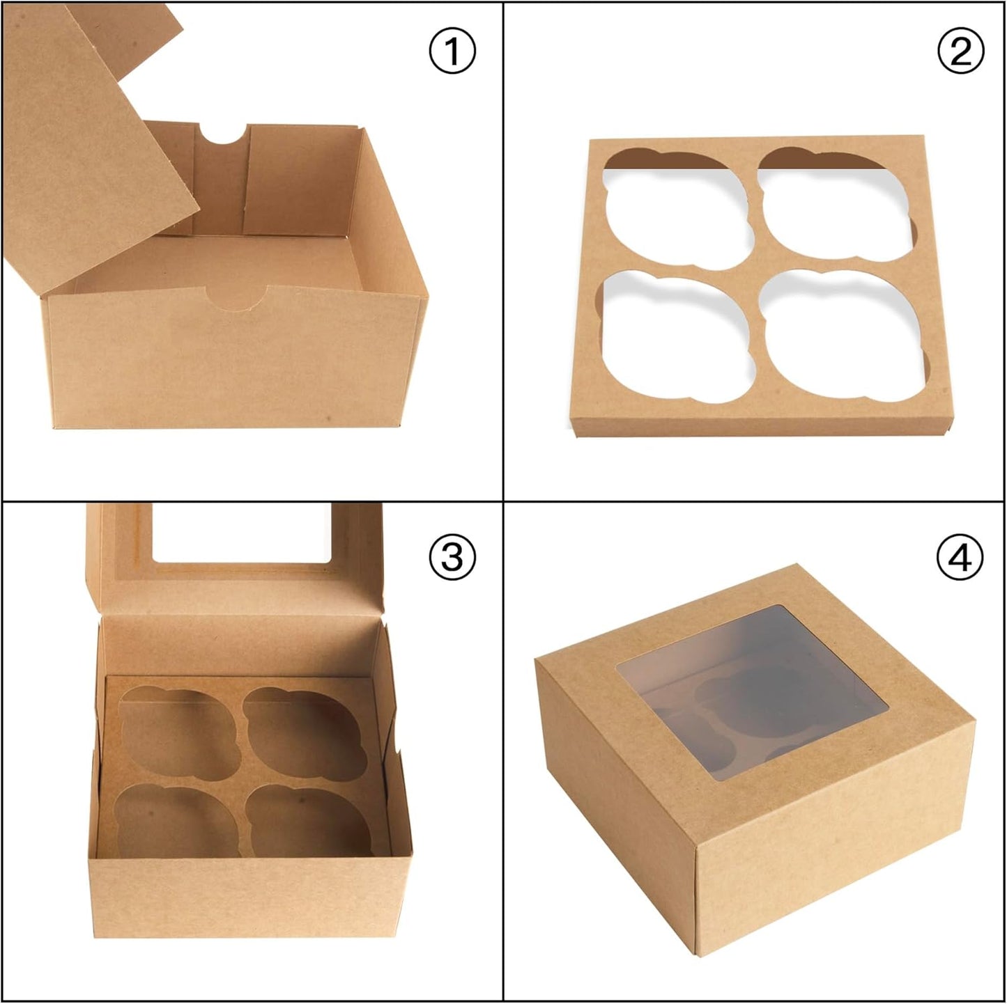 Jotique Cupcake Boxes with Window, 30 Sets 6x6x3 Inch Kraft Paper Bakery Boxes for Cookies and Muffins, Sturdy Disposable Treat Boxes for Pastry, Baked Goods, Gift Giving, Mother's Day