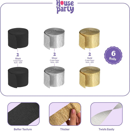 HOUSE OF PARTY Blue Skies Crepe Paper Streamers 6 Crepe Paper Rolls 492ft (1.8 Inch x 82 Ft/Roll) - Pack of 4 Shades of Blue, 1 Silver, 1 White Streamers Party Decorations