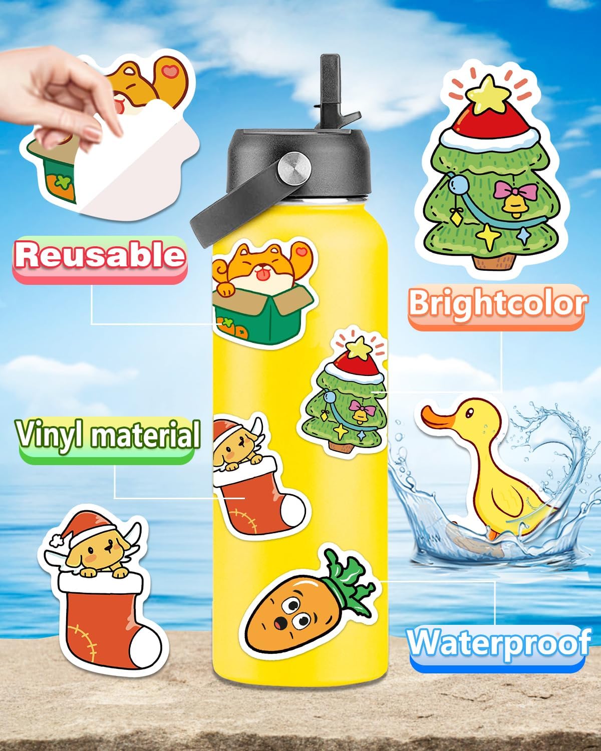 Apakkai 600 Pcs Cute Stickers for Kids, Water Bottle Stickers for Teens, Kawaii Vinyl Phone Laptop Skateboard Animal Waterproof Sticker, Bulk Aesthetic Sticker Packs for Boys Girls Teacher