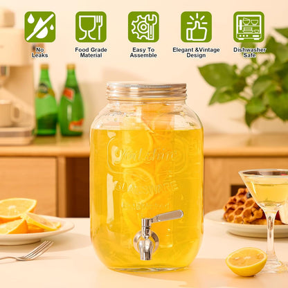 1 Gallon Glass Drink Dispensers for Parties, 2PACK Beverage Dispenser with Stand, Fruit Infuser and Stainless Steel Spigot 100% Leakproof, Beverage Dispenser for Lemonade Sun Tea