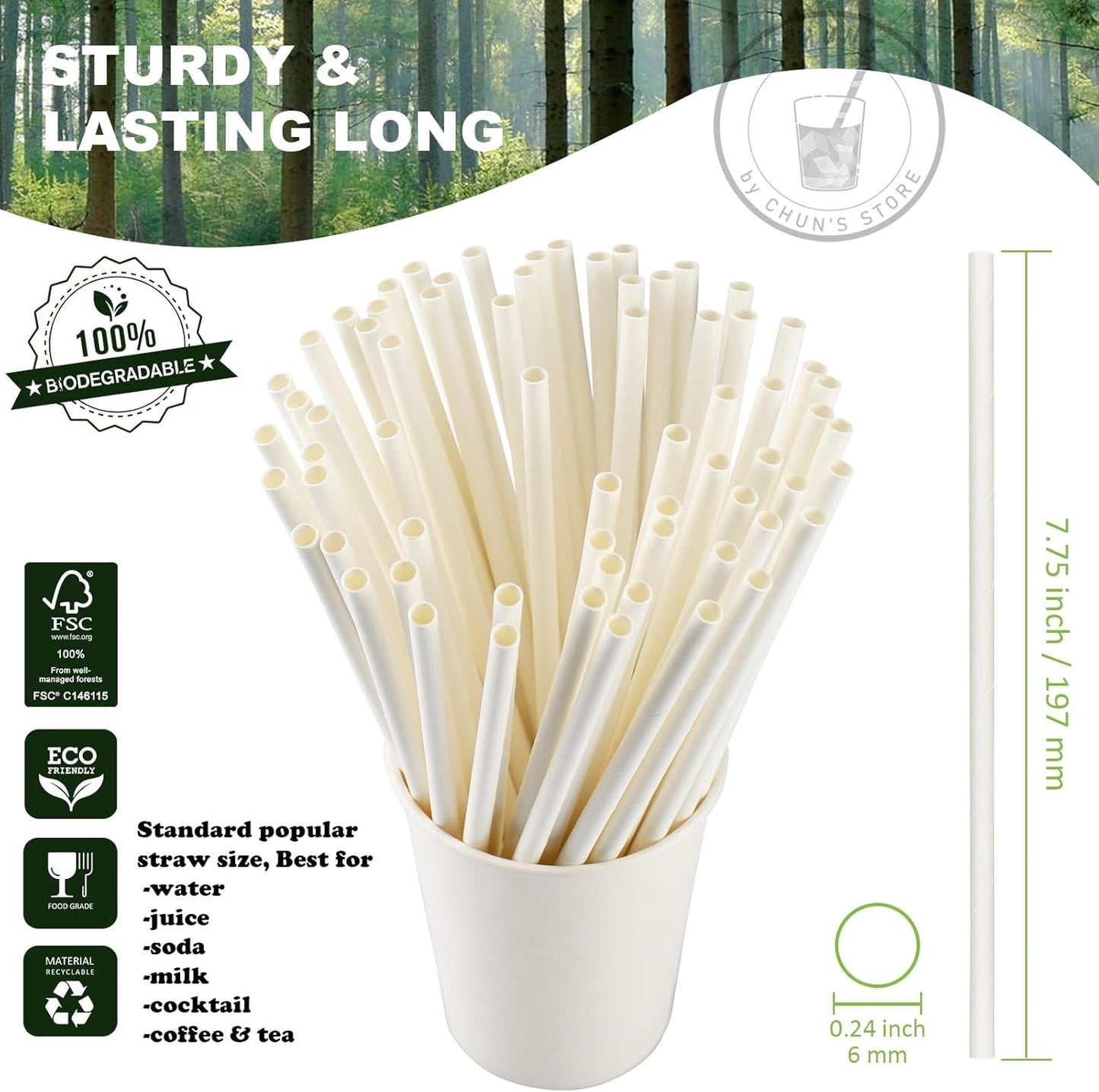 Black Paper Straws 1000 Count - 7.75" x 0.24", 100% Biodegradable & Compostable, Disposable Drinking Straws Bulk - Cocktail, Bars, Restaurants