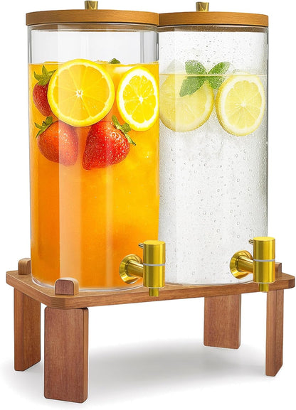 2PCS Drink Dispenser, 1.5 Gallon Each Glass Beverage Dispenser with Wood Stand and Stainless Steel Faucet Ideal for Juice, Lemonade, and Tea,Large Drink Dispenser for Parties and Home Use