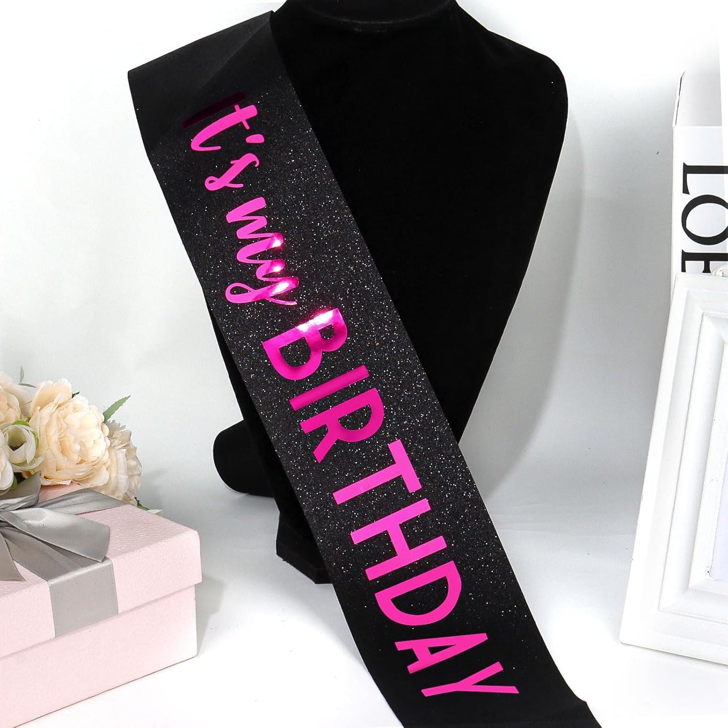 It's My Birthday Sash Black Glitter Sash with Hot Pink Foil Happy Birthday Decorations for Women Girls Men Boys Black Party Decorations