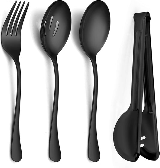 Large Black Serving Utensils Set of 12, E-far Stainless Steel 9.8 Inch Serving Spoons Slotted Spoon, 9.9 Inch Forks, 9.4 Inch Tong for Buffet Catering, Mirror Finish & Dishwasher Safe