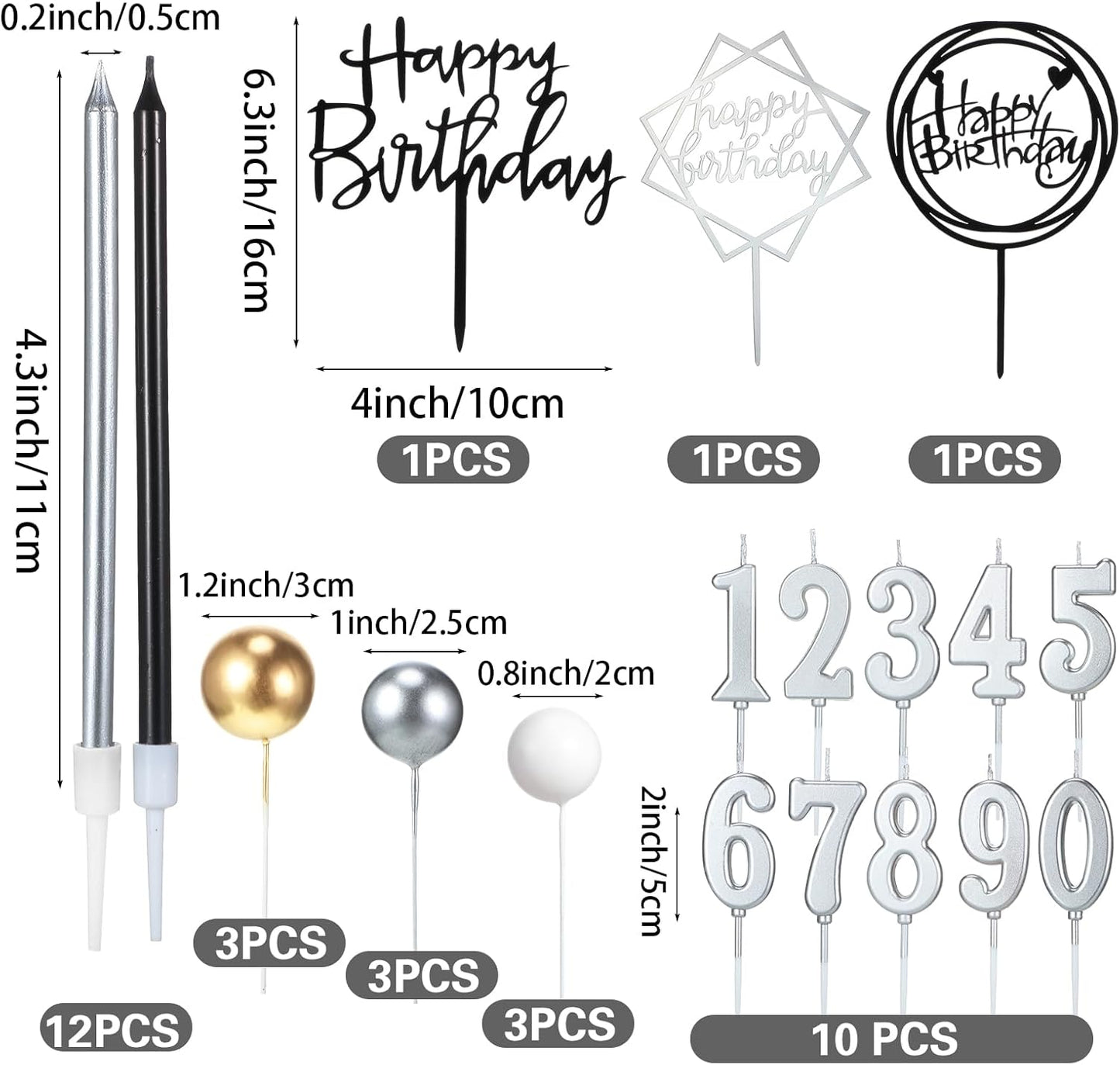 Yerliker 34 Pcs Happy Birthday Cake Toppers Decorations Birthday Candles DIY Cake Decor for Men Women Wedding Anniversary(Gold)