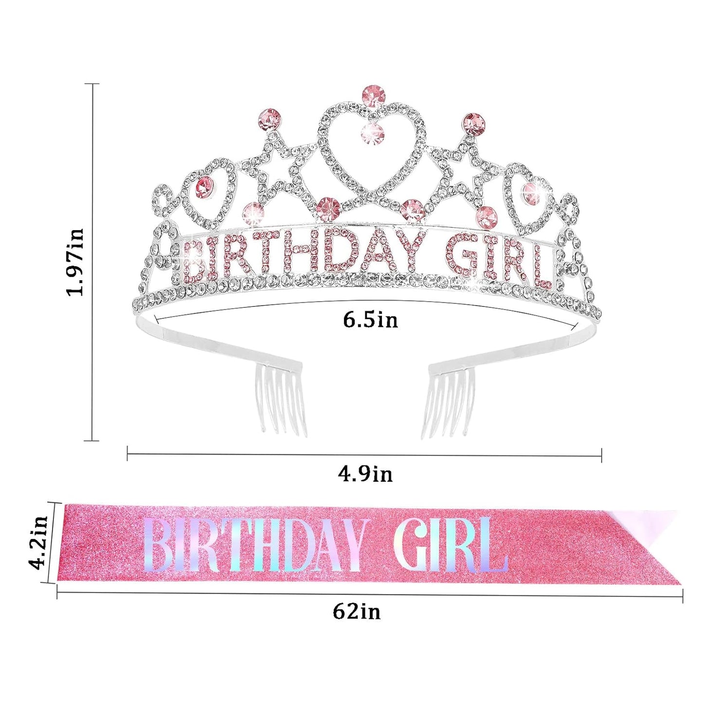CIEHER Birthday Girl Crown and Sash Set for Birthday Decorations Gifts for Women Girls - Silver AB Rhinestones