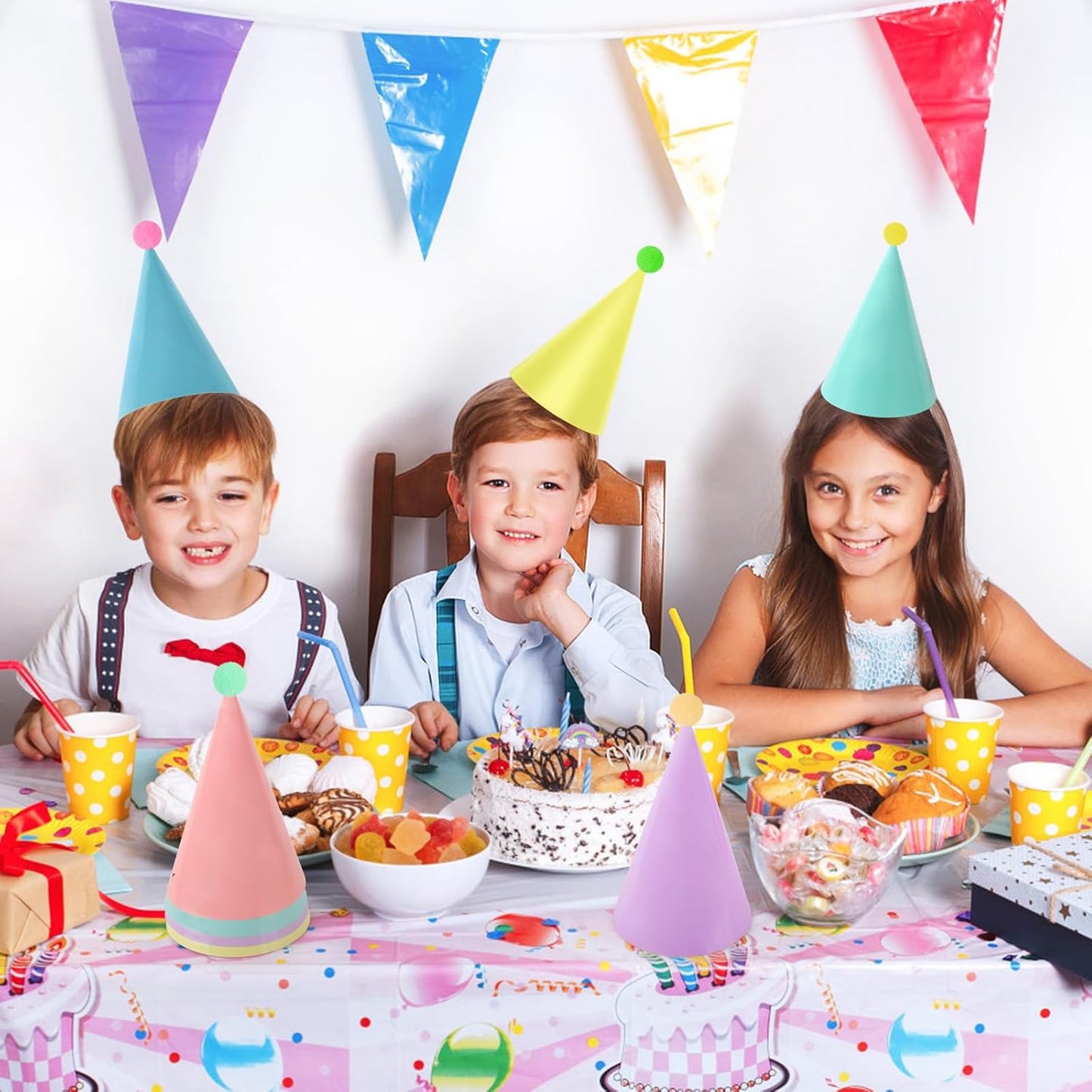 Hooqict 10 PCS Pastel Party Hats for Kids and Adults Birthday Party Cone Hats with Pom Poms Headwear for Boys Girls Stuffed Animals Pastel Rainbow Birthday Party Decorations