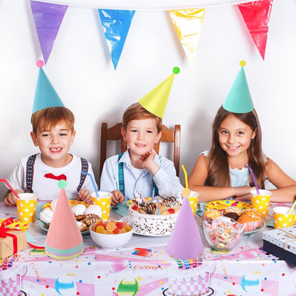 Hooqict 10 PCS Pastel Party Hats for Kids and Adults Birthday Party Cone Hats with Pom Poms Headwear for Boys Girls Stuffed Animals Pastel Rainbow Birthday Party Decorations