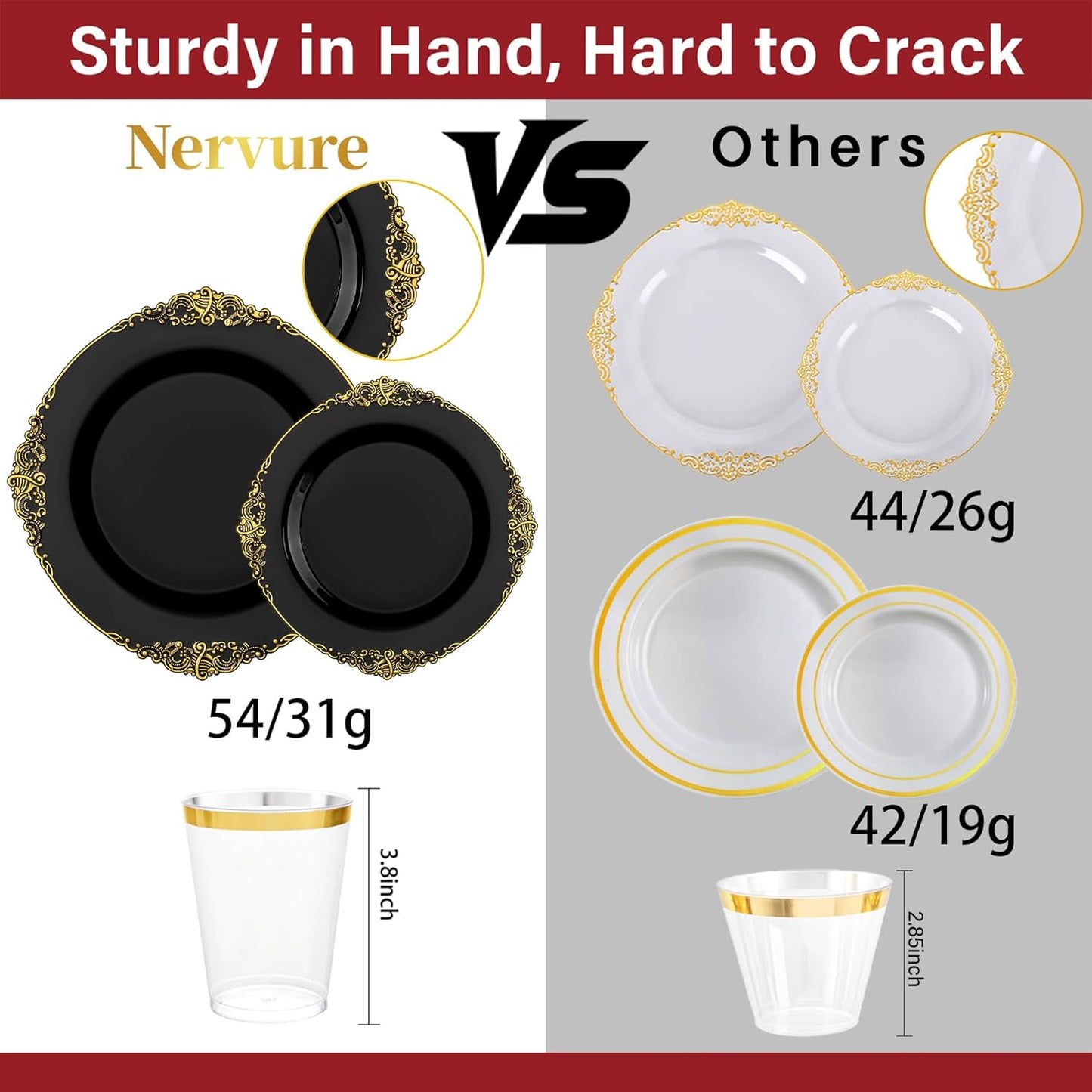 Nervure 350PCS Gold Plastic Plates - Gold Plastic Dinnerware Sets for 50 Guests - 100 Disposable Plates, 150 Silverware, 50 Cups, 50 Napkins for Wedding & Party & Mothers Day