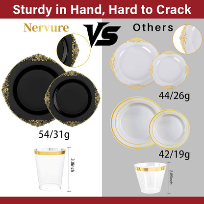 Nervure 350PCS Gold Plastic Plates - Gold Plastic Dinnerware Sets for 50 Guests - 100 Disposable Plates, 150 Silverware, 50 Cups, 50 Napkins for Wedding & Party & Mothers Day
