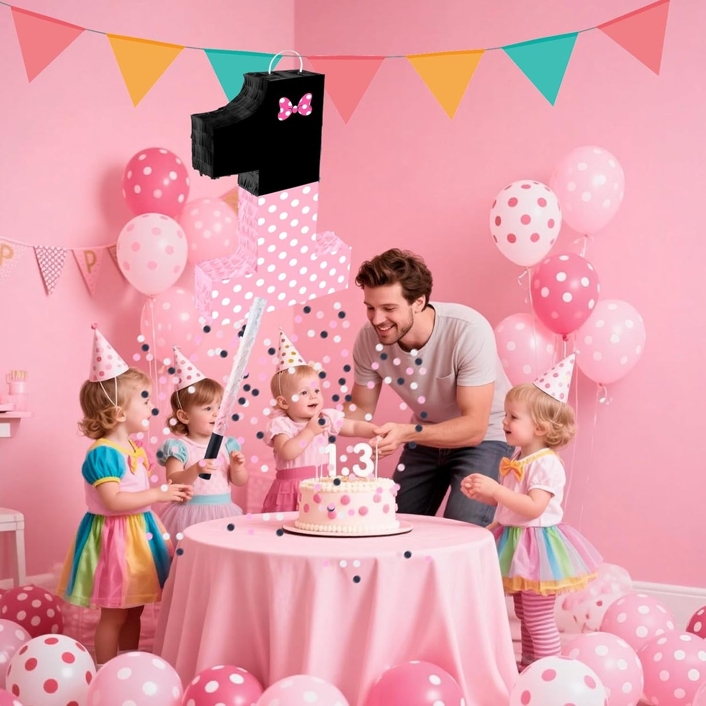 15.7 x 11.5 x 3 Inch Pink Bow Number 2 Pinata,Pink Bow Birthday Decorations, Fillable Hanging Piñata with Stick Blindfold Confetti for Girls Boys 2nd Anniversary Party Decorations