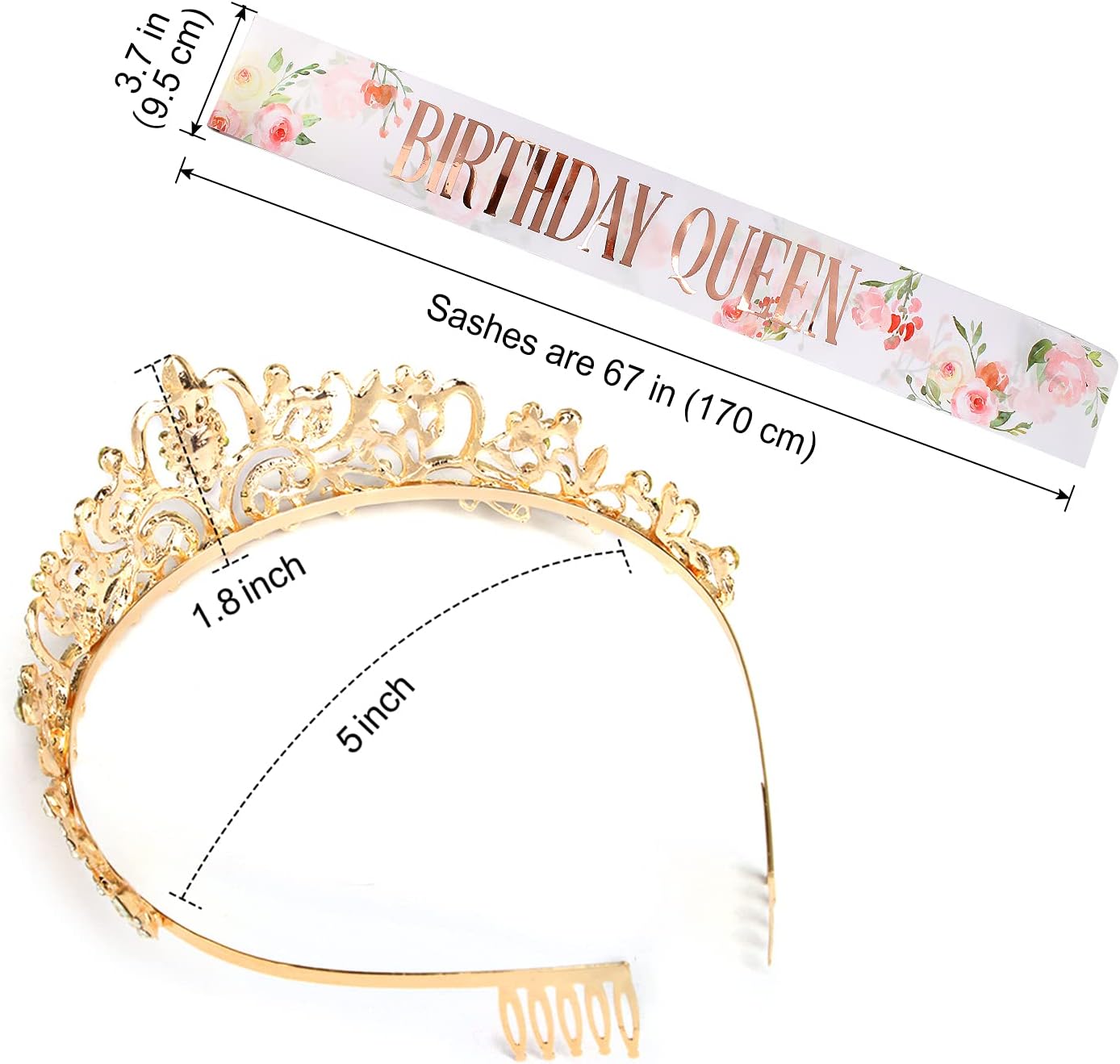 COCIDE Birthday Queen Sash & Rhinestone Tiara Set Gold Happy Birthday Crowns for Women Party Decoration Kit Rhinestone Headband for Women Glitter Crystal Hair Accessories for Cake Topper