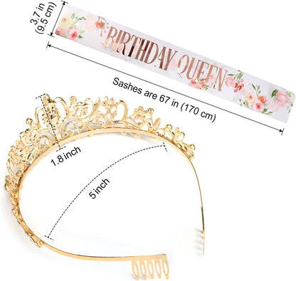 COCIDE Birthday Queen Sash & Rhinestone Tiara Set Gold Happy Birthday Crowns for Women Party Decoration Kit Rhinestone Headband for Women Glitter Crystal Hair Accessories for Cake Topper