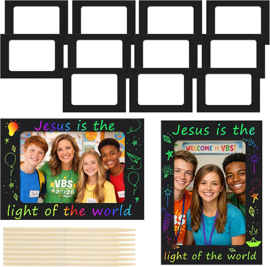 Gersoniel 24 Set 2026 Vbs Scratch Picture Frame Crafts 4'' x 6'' Vacation Bible DIY Scratch Frame with Wooden Stylus for Illumination Theme Christian Sunday Activities Party Favor
