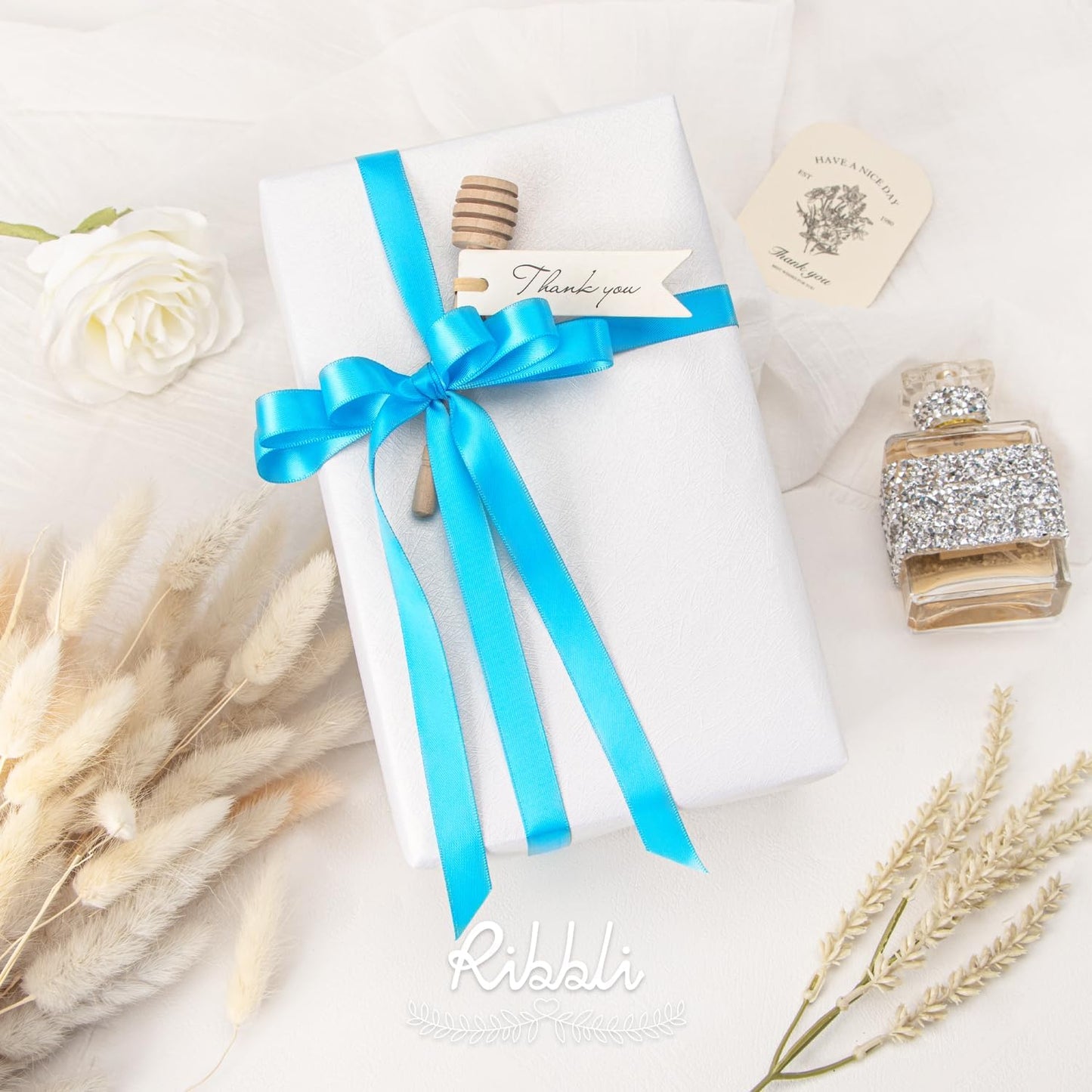 Ribbli Double Faced White Satin Ribbon,3/8” x Continuous 25 Yards,Fabric Ribbon use for Bows Bouquet,Gift Wrapping,Floral Arrangement