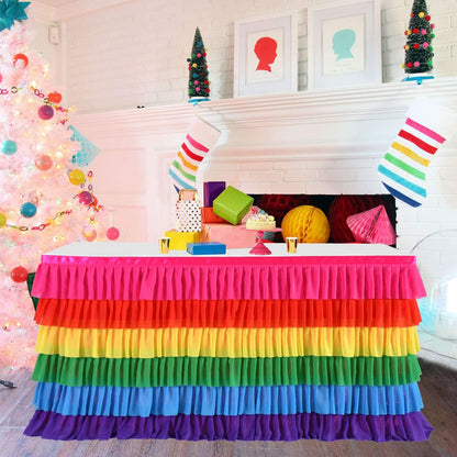 Pastel Rainbow Table Skirt Ruffle Party Tablecloth for Rectangle Table 6ft Birthday Party Baby Shower