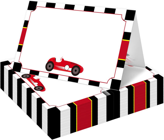 Table Place Cards, Race Car Place Cards for Table Setting, Racing Car Themed Tent Style Food Name Labels, Receptions Parties Events Celebrations Fill-in Place Cards, 25 Pack -09