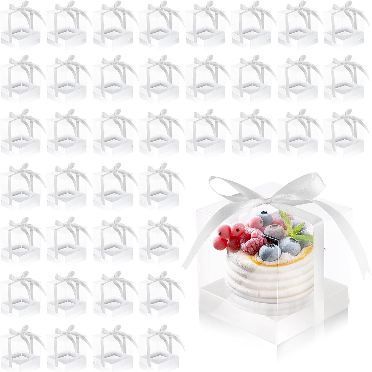 Thenshop 50 Pcs Clear Cupcake Boxes Individual 3.5 Inch Plastic Single Cupcake Containers Boxes with Inserts and Ribbon Individual Cake Storage Holders for Cake Kitchen(Dark Blue)