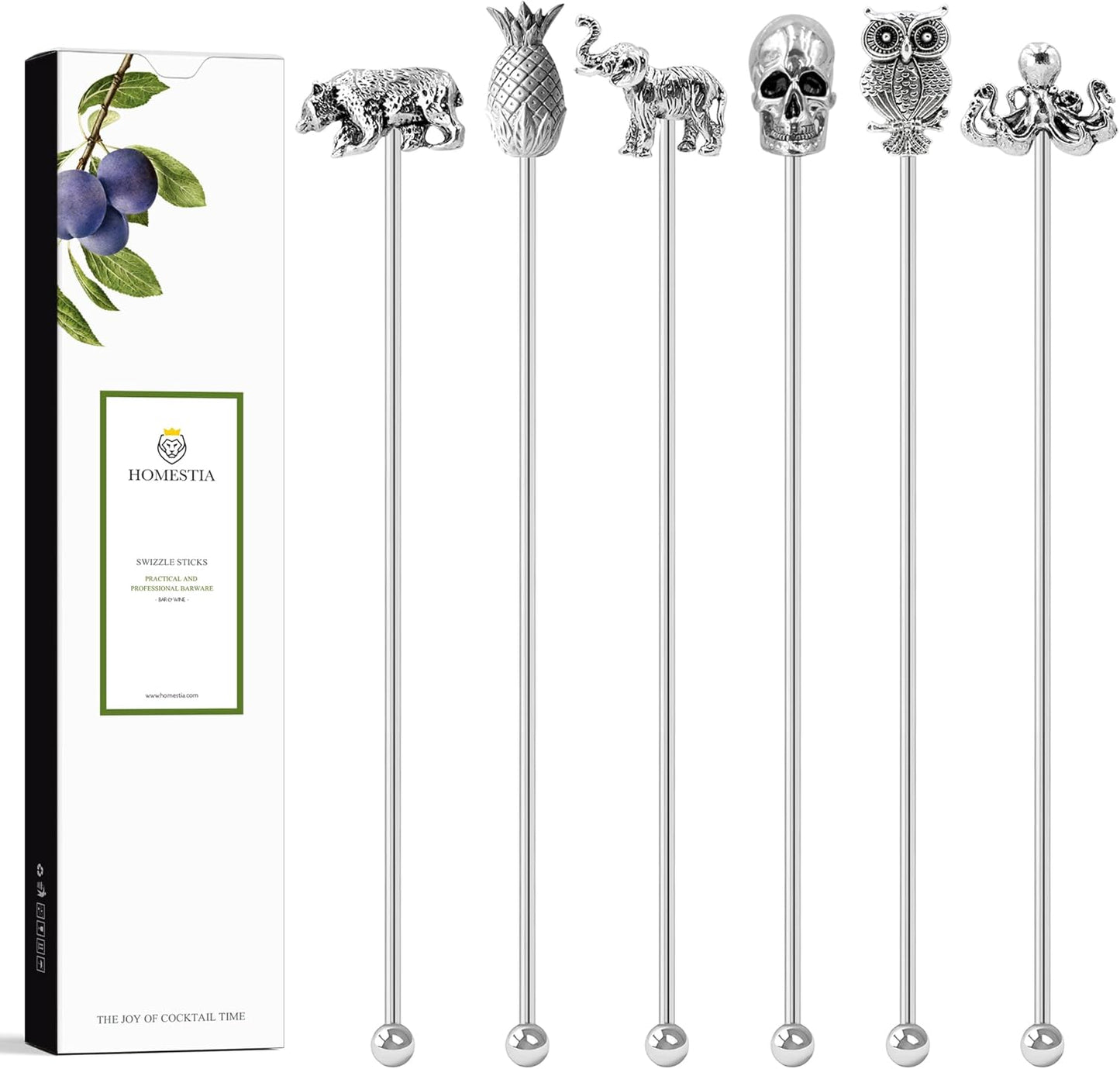 Homestia 7.5" Stainless Steel Cocktail Stirrers with Cute Animal Design, Set of 6 Reusable Swizzle Sticks for Coffee, Martini, Drinks - Dishwasher Safe Metal Bar Tools Stir Sticks