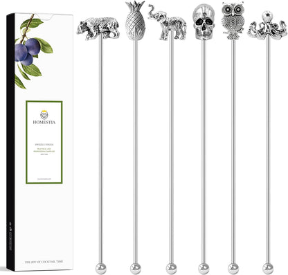 Homestia 7.5" Stainless Steel Cocktail Stirrers with Cute Animal Design, Set of 6 Reusable Swizzle Sticks for Coffee, Martini, Drinks - Dishwasher Safe Metal Bar Tools Stir Sticks