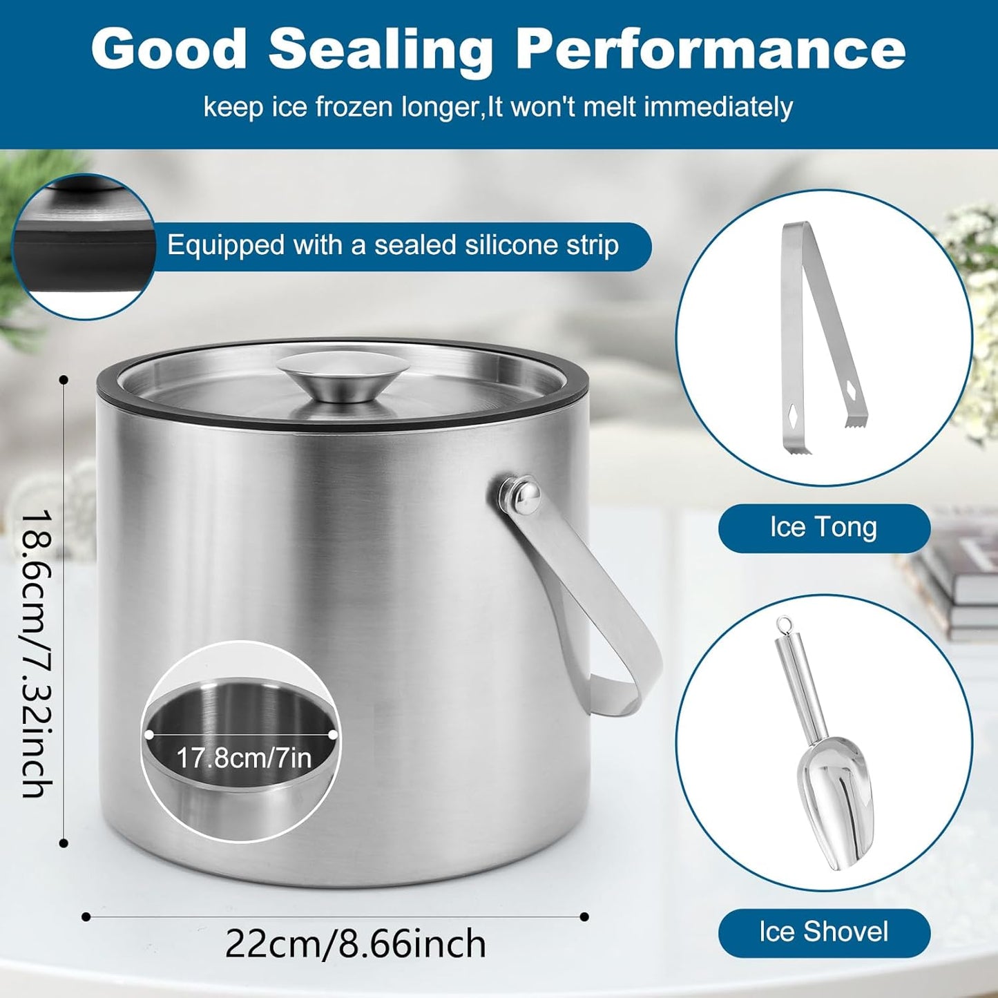 Portable Ice Buckets for Parties,3 Liter Double Wall Ice Bucket with Lid,Scoop,Tongs,Handle,Stainless Steel Ice Container to Keep Ice Frozen Longer- Ideal for Cocktail Bar,Camping,Chilling Beer/Wine