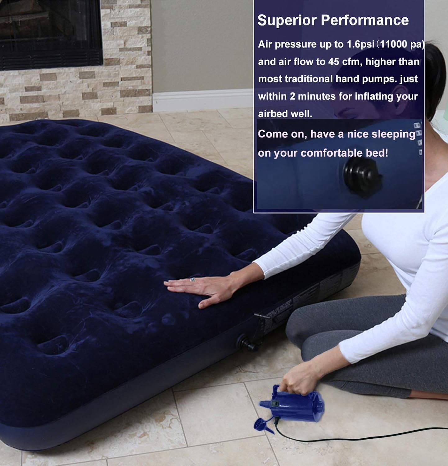 Artigarden Electric Air Pump Portable 460W Quick-Fill Air Pump Air Flow 45CFM 2.1PSI with Hose 5 Nozzles 120V AC Inflator Deflator Pump for Air Mattress Air Bed Inflatable Cushion Boat Swimming Ring