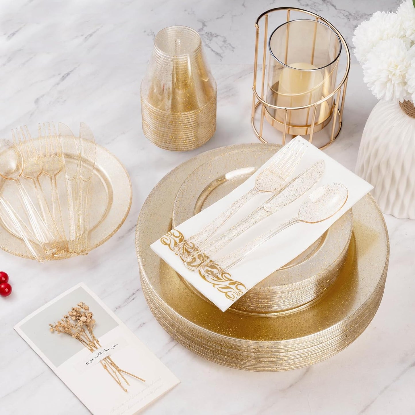 Goodluck 350 Pieces Gold Dinnerware Set for 50 Guests, Plastic Plates Disposable for Party, Include: 50 Gold Rim Dinner Plates, 50 Dessert Plates, 50 Paper Napkins, 50 Cups, 50 Gold Silverware Set