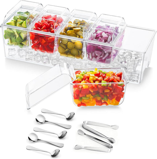 Lifewit Ice Chilled Condiment Caddy with 5x20 oz Containers, Condiment Server with Separate Lid, Serving Tray Platter with Removable Dishes for Bar Fruit Salad Taco Party Garnish, 39 x13cm/15x5